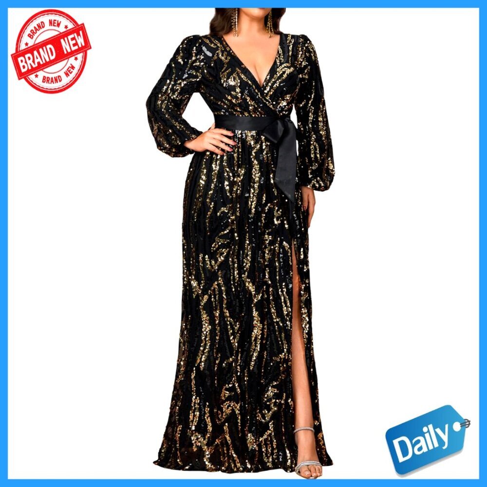 Plus Size Long Sleeve Sequin Dress V-Neck High Slit Formal Ball Gown